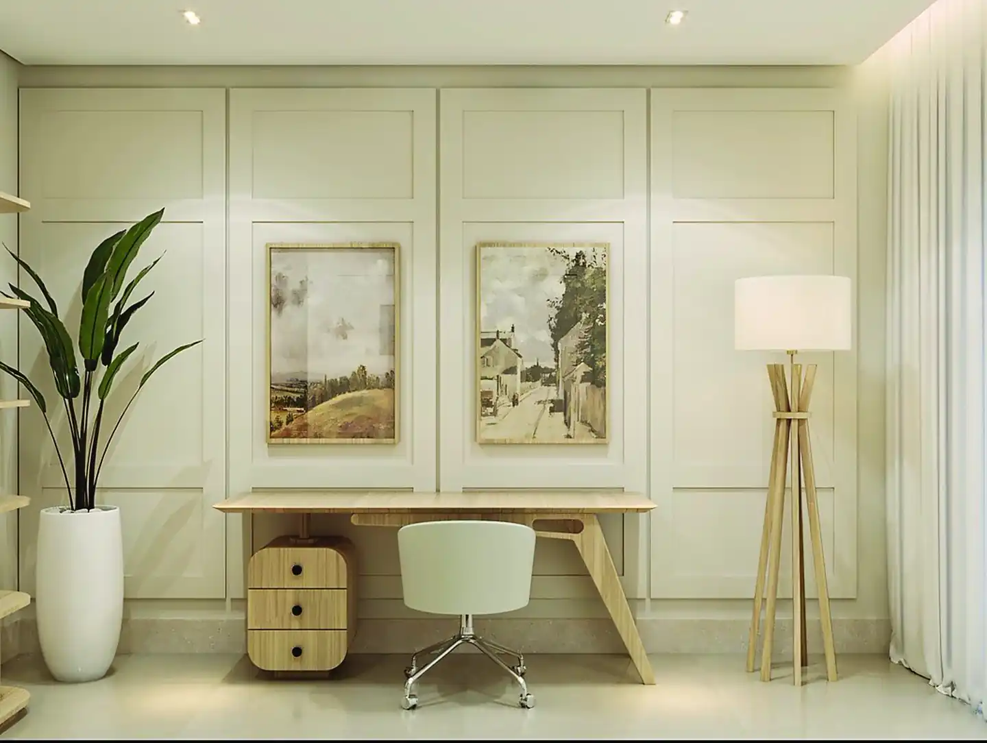 Escritório com mesa de madeira, boiseries nas paredes e planta