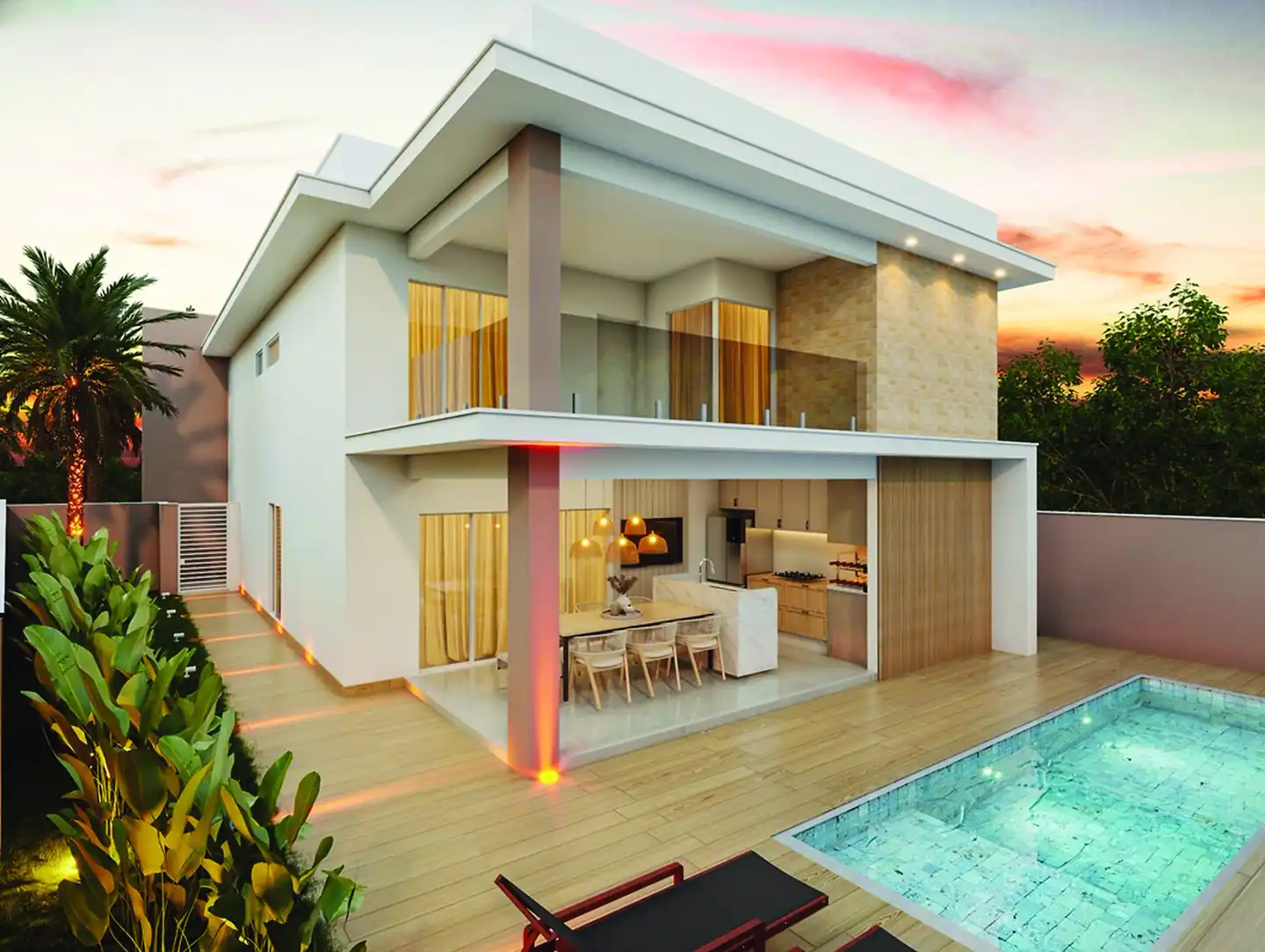 Área externa da Casa Capri com varanda integrada à cozinha, deck e piscina