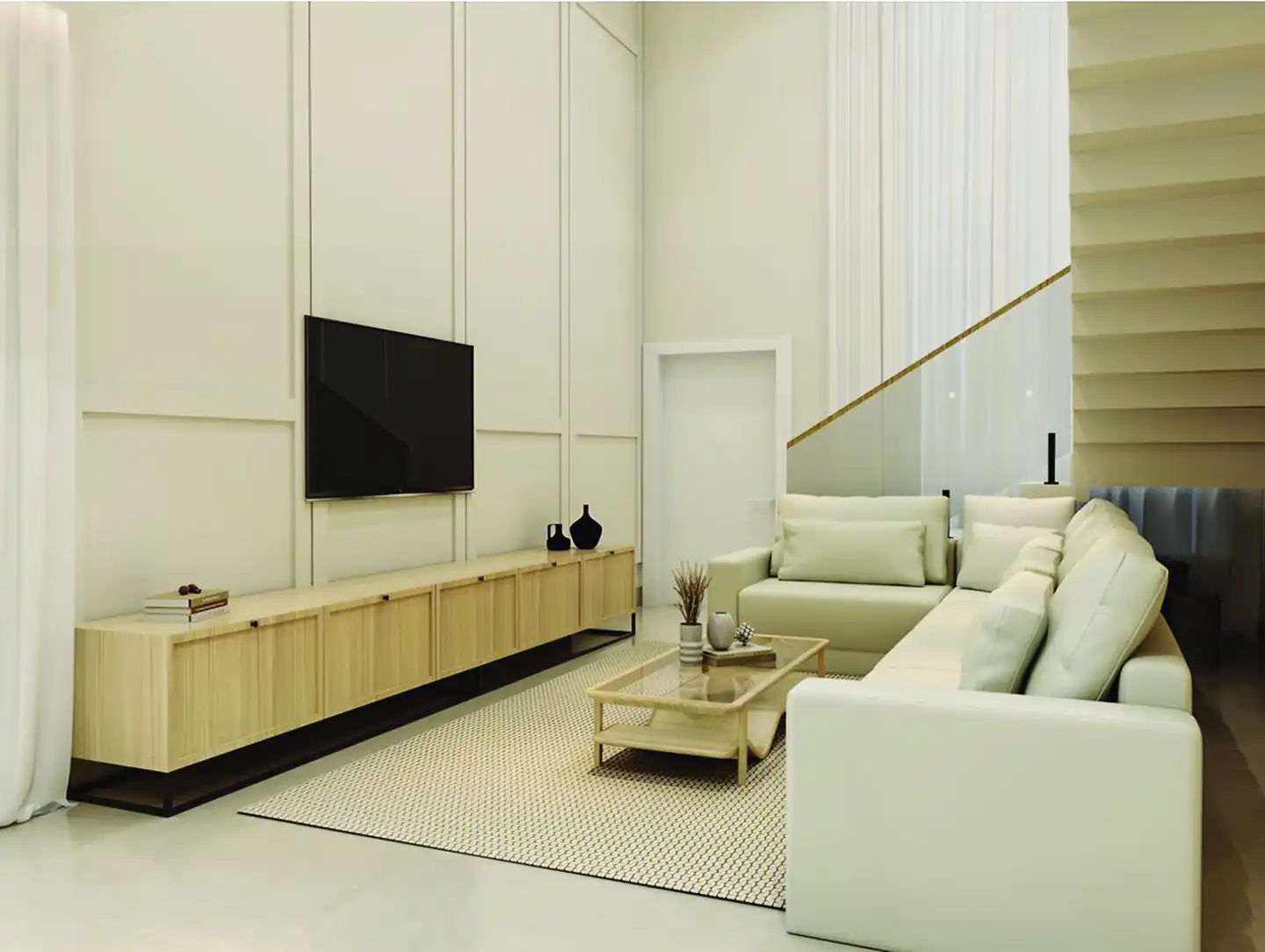 Sala integrada com painel de TV, aparador em madeira e sofá claro