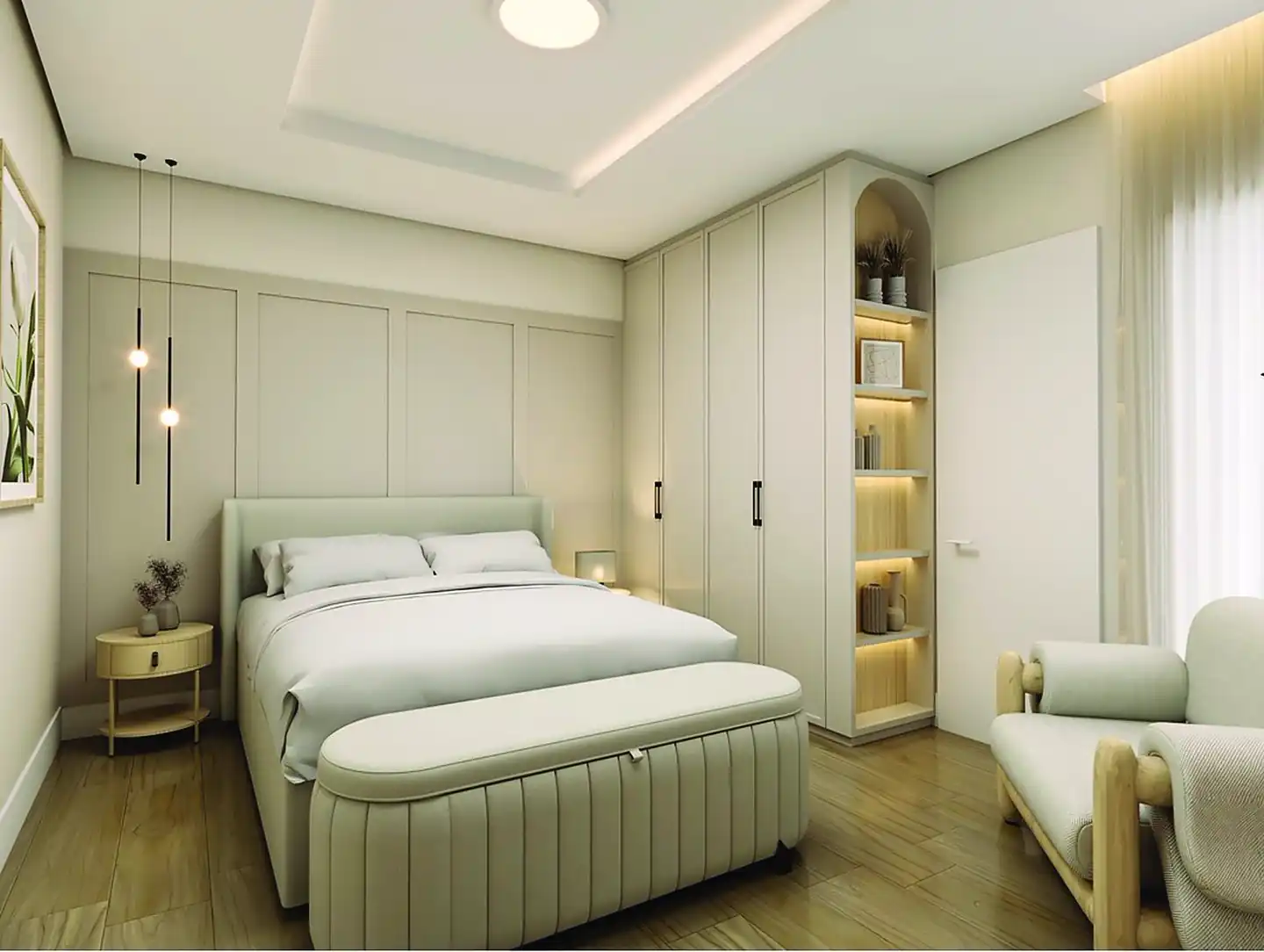 Suíte com cama estofada, banco aos pés e armário com nicho iluminado