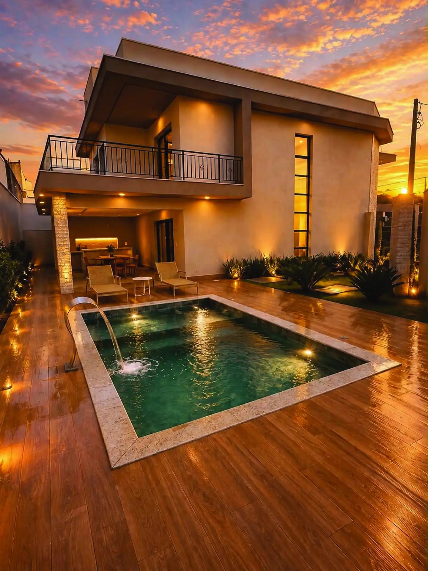 Piscina aquecida com cascata e deck de madeira da Casa Milão ao pôr do sol