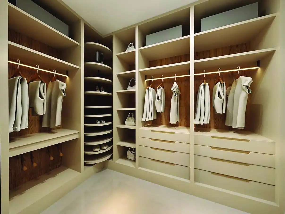 Closet com nichos, prateleiras e cabideiros em marcenaria clara