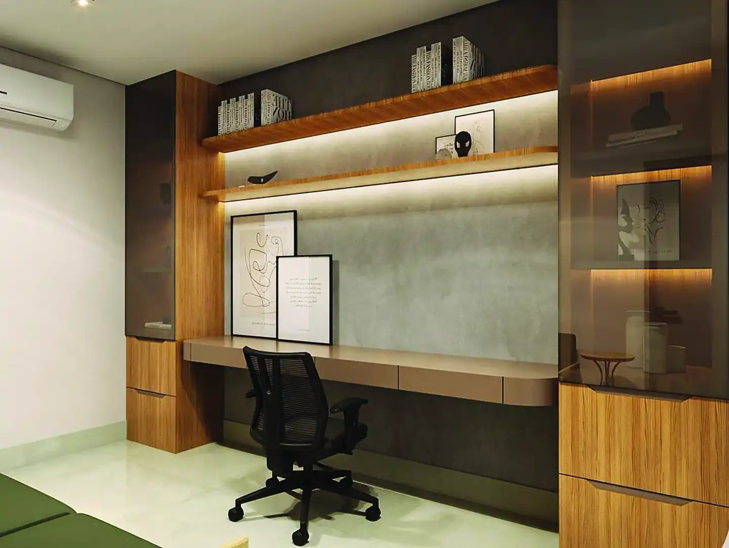 Escritório com bancada de trabalho, prateleiras iluminadas e cadeira ergonômica
