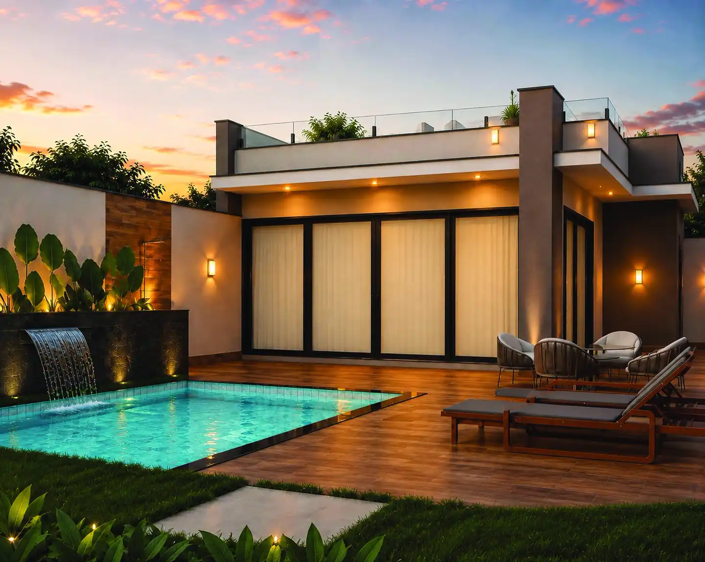 Piscina aquecida com cascata, deck e rooftop da Casa Roma ao entardecer
