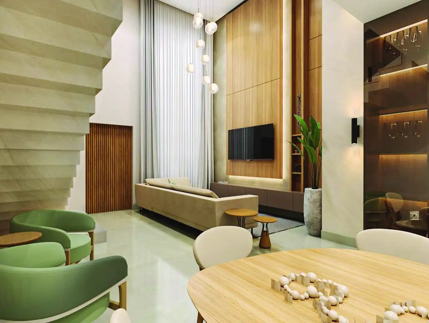 Sala de pé-direito alto com painel de madeira, TV, sofá e lustre de esferas