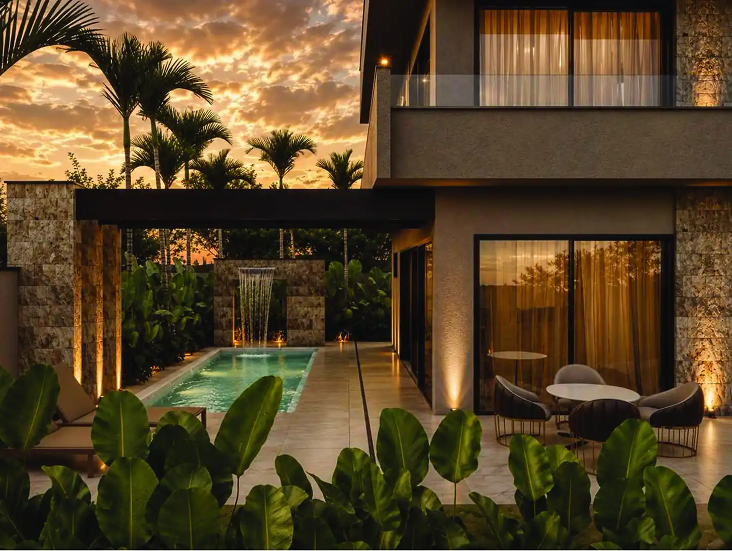 Área externa com piscina estreita e sala ao ar livre entre jardins tropicais