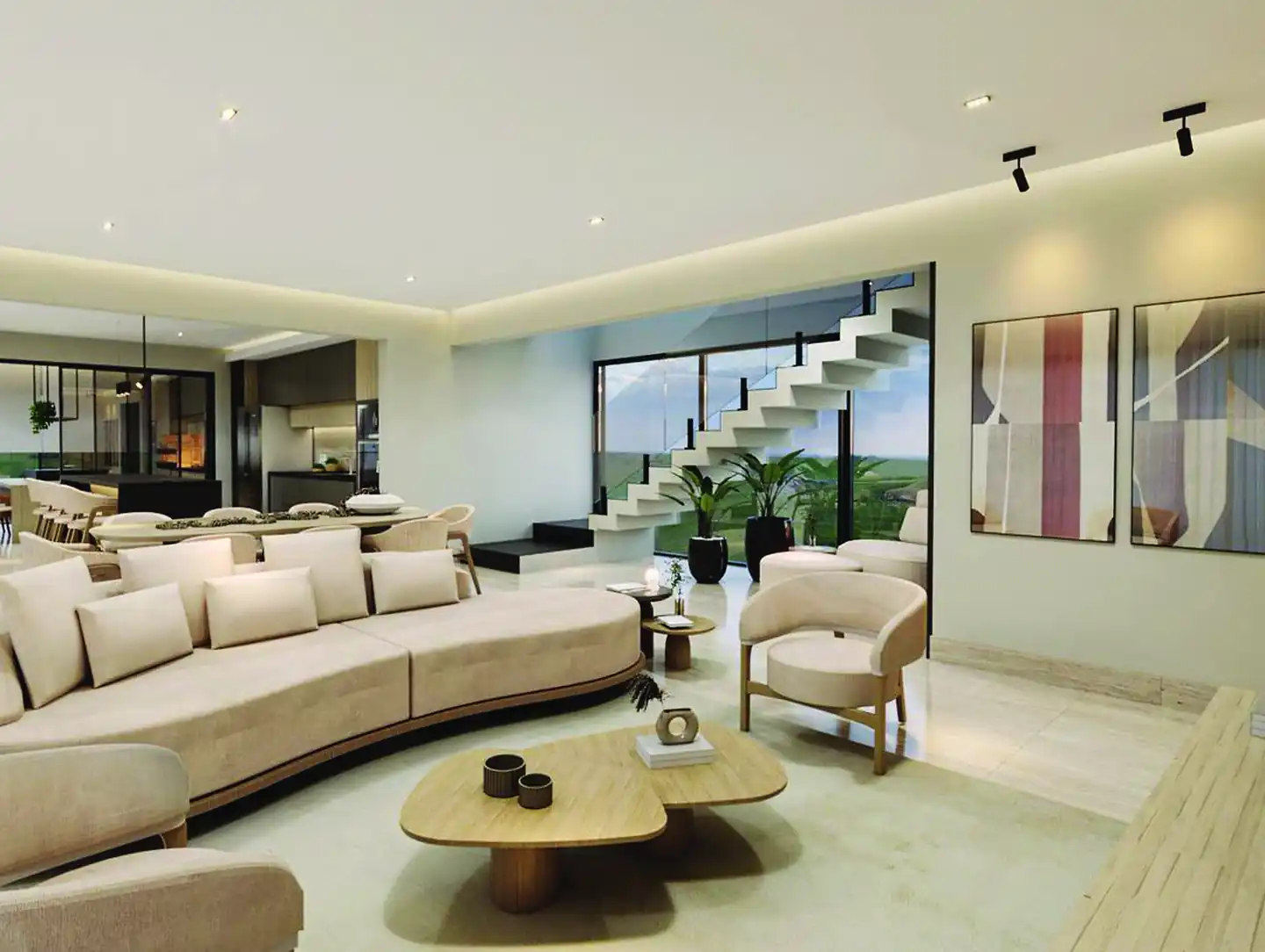 Sala ampla com sofá curvo, escada em balanço e vista para o jardim