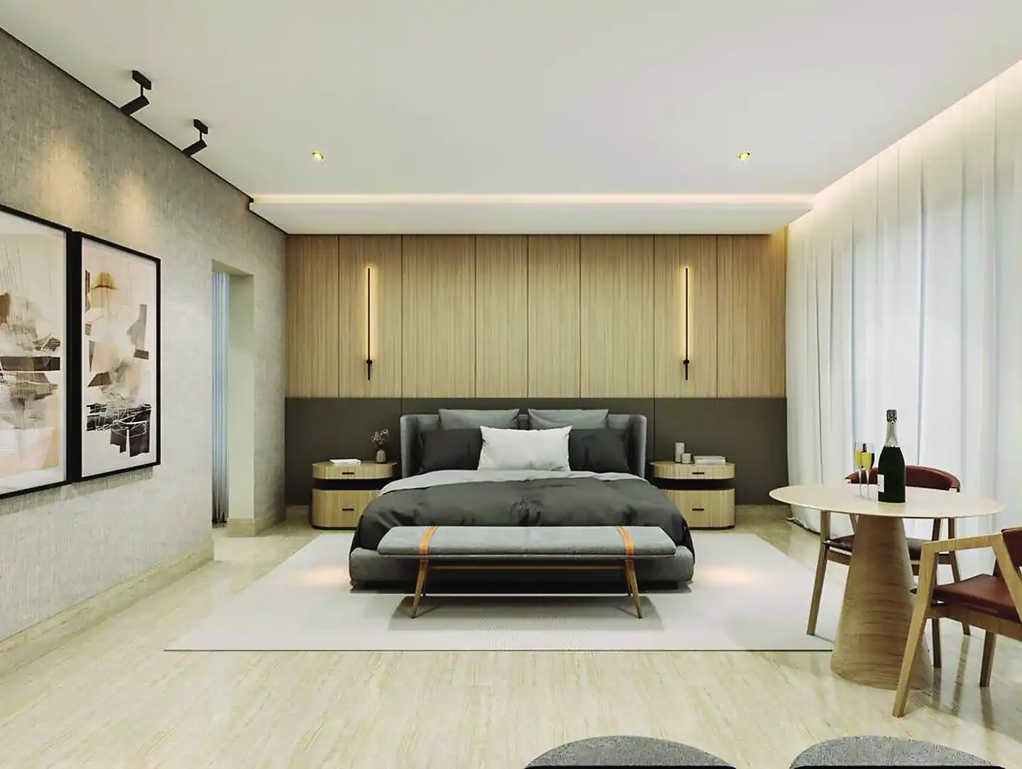Suíte com cama, mesa de apoio e iluminação embutida