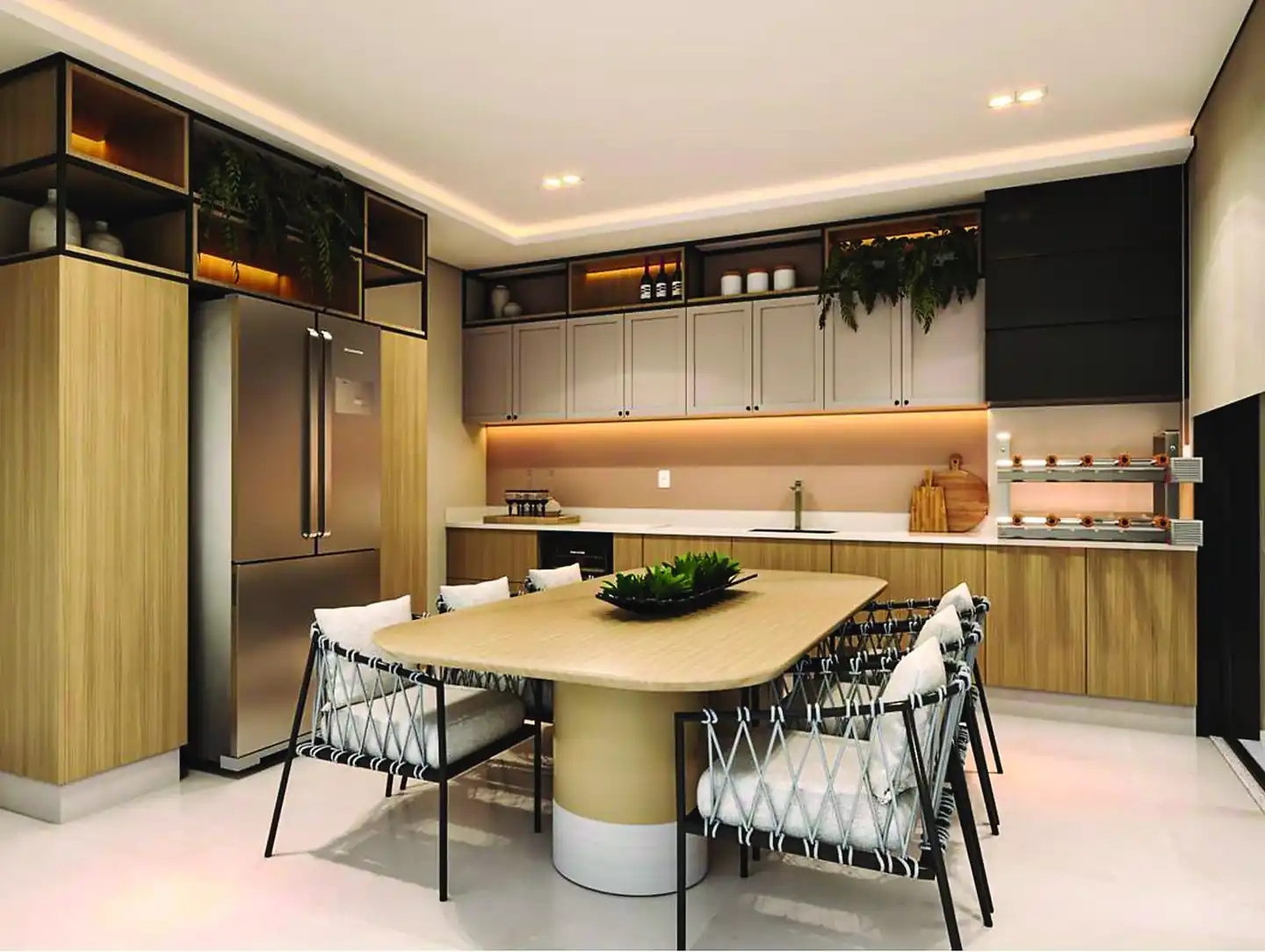 Cozinha com mesa de madeira, cadeiras trançadas e armários em tons neutros